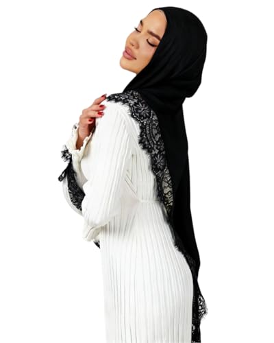 JUMISEE Elegant Floral Lace Hijab Scarf for Women Soft Cotton Head Wrap Instant Hijab Long Scarves Evening Dress Shawl - color: Black With Black Lace Trim