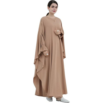 2PCS Women's Muslim Abaya Dress Lace Cuffs Islamic Dubai Prayer Robe Smooth Flowy Muslim Women Clothes - color: Khaki, size: Medium