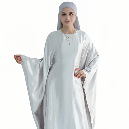 Abaya Muslim Women Dress Satin Batwing Sleeve Kaftan Maxi Arabian Dubai Islamic Ramadan Prayer Dress with Hijab Scarf - color: Grey