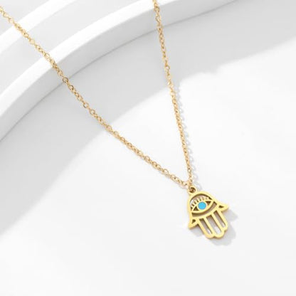 Stainless Steel Hebrew CHAI Necklace | Hand of Fatima Pendant | Turkish Evil Eye Charm | Israel Map Blessing Necklace | Protection Jewelry for Women men Include a Gift Box - color: Gold-Hamsa-1252