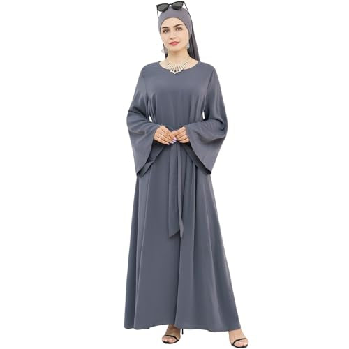 khalat Muslim Abaya Dress Women Solid Color Modest Prayer Robe Islamic Dubai Long Sleeve Lightweight Maxi Dress - color: Gray, size: Large