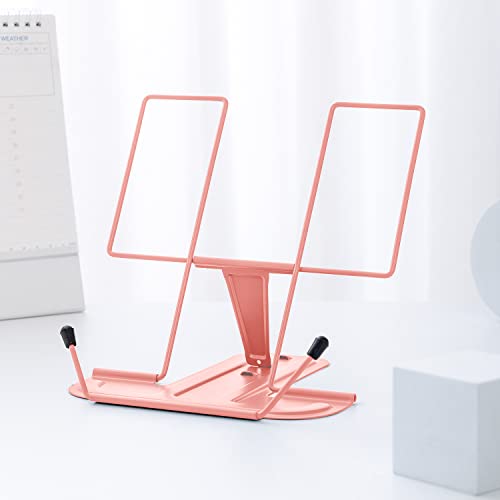 MSDADA Metal Book Stand for Desk, Adjustable Reading Rest, Portable Cookbook & Document Holder, Sturdy Typing Stand for Recipes, Textbooks, Tablets & Music Books with Page Clips (Morandi Pink) - color: Morandi Pink