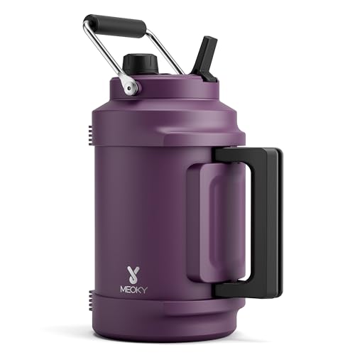 1 Gallon Insulated Water Bottle for Sports: Meoky 128 oz Triple Wall Vacuum Stainless Steel Water Jug - Top and Side Handles, Cold for 48 Hrs, 2-in-1 Straw and Spout Lid, Leak Proof for Hiking (Plum) - color: Plum, size: 128 Ounces