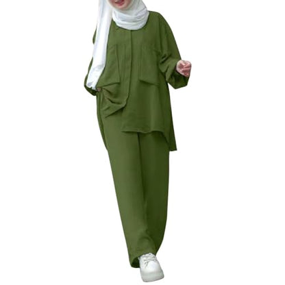 ODIZLI Muslim Long Sleeve Blouse Wide Leg Pants Suits Autumn Solid Abaya Women Matching Sets 2PCS Tracksuits Turkey Kaftan - color: Olive Green-pockets Button Down Shirt, size: X-Large