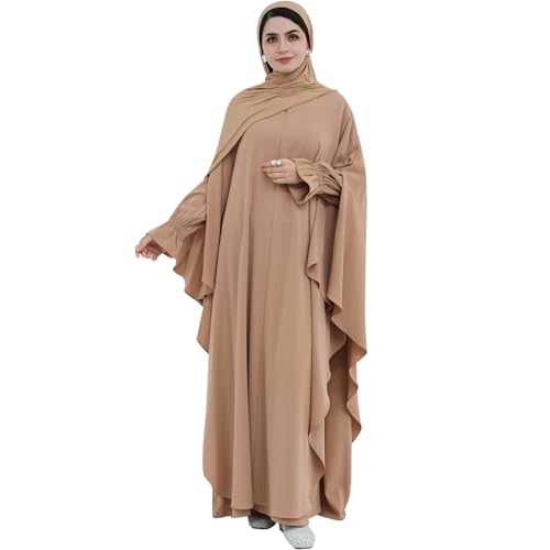 2PCS Women's Muslim Abaya Dress Lace Cuffs Islamic Dubai Prayer Robe Smooth Flowy Muslim Women Clothes - color: Khaki, size: Medium
