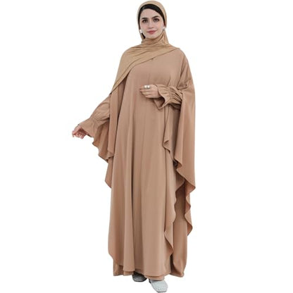 2PCS Women's Muslim Abaya Dress Lace Cuffs Islamic Dubai Prayer Robe Smooth Flowy Muslim Women Clothes - color: Khaki, size: Medium