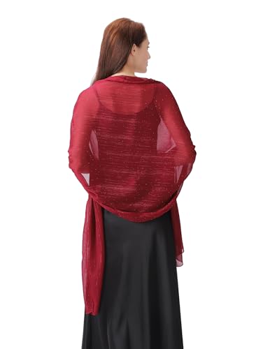 OurLore Chiffon Shawls Wraps for Women Sheer Glitter Scarf Sparkly Rhinestones Shoulder Sarong Cover Up Hijab for Wedding - color: Wine Red