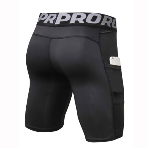 LANBAOSI Mens Compression Shorts with Phone Pocket Running Gym Yoga Athletic Tights Baselayer Summer Cool Dry Underwear Pack - color: Black, size: Large