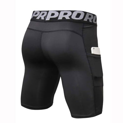 LANBAOSI Mens Compression Shorts with Phone Pocket Running Gym Yoga Athletic Tights Baselayer Summer Cool Dry Underwear Pack - color: Black, size: Large
