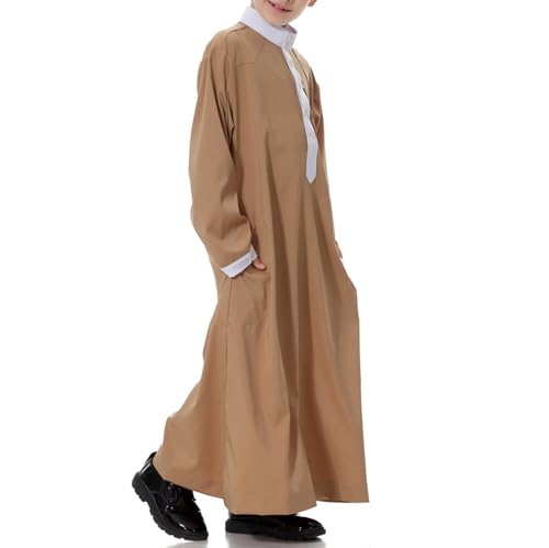 Arabic Thobe for Muslim Boys Eid Outfit Long Sleeve Kaftan Kids Prayer Dress Boys Muslim Thobe Ramadan Islamic Clothing - color: Brown, size: 11-12 Years