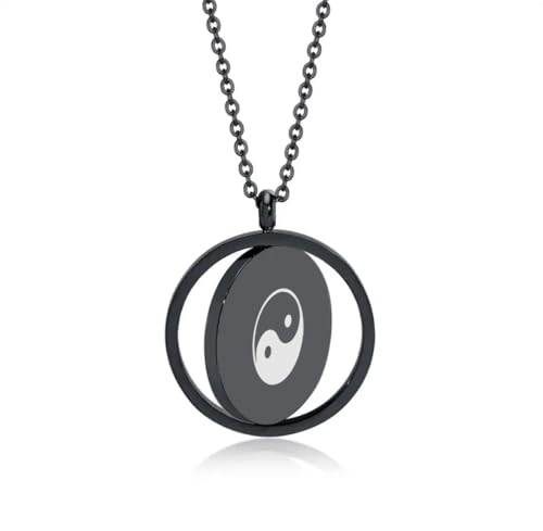 Religious Christian Cross/Freemasonry/Mountain Forest Jewelry 25mm Stainless Steel Round ID Tag Spinner Pendant Necklaces,Hiking Camping Lover Gift - style: Black-Yin-Yang Tai Chi