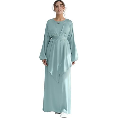 2PCS Muslim Abaya Dress for Women Smooth Satin Prayer Cardigan with Belt - color: Light Green, size: X-Small-Small