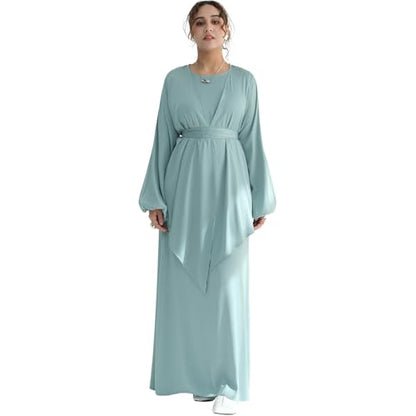 2PCS Muslim Abaya Dress for Women Smooth Satin Prayer Cardigan with Belt - color: Light Green, size: X-Small-Small