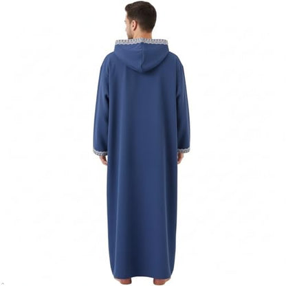 Men's Hooded Thobe - Traditional Embroidered Muslim Islamic Kaftan, Half-Zip Middle Eastern Arabic Robe - color: Blue, size: X-Large