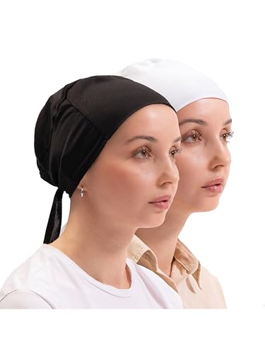 FabNest Women Hijab Undercap Islamic Muslim Under Scarf Hats Bonnet with Tie Back Non-Slip Breathable and Snug-Fit - color: Black + White (2 Pcs)