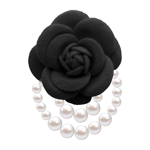 Vintage White Flower Pearl Tassel Brooch Pins for Women Trendy Camellia Pearl Hair Pins Christmas Pins Dainty Shawl Brooches Bracelet Birthday Jewelry - color: black