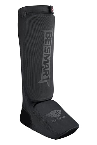 Be Smart MMA Shin Guards for Kickboxing, Muay Thai & Martial Arts – Padded Instep Protection, Lightweight Cotton Elastic Shin Pads – Adult & Youth Training Gear - color: Black/Black, size: Small-Medium