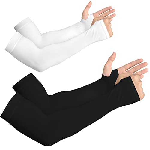 YESLIFE UV Sun Protection Arm Sleeves for Men & Women,UPF 50 Cooling Sports Sleeve - color: White + Black - With Thumb Hole, size: 2 Pairs