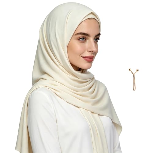 Jersey Hijab Scarf for Women,Lightweight Muslim Turban Head Scarf Modal Feel Hijab Coverings for Prayer with Clip - color: Beige