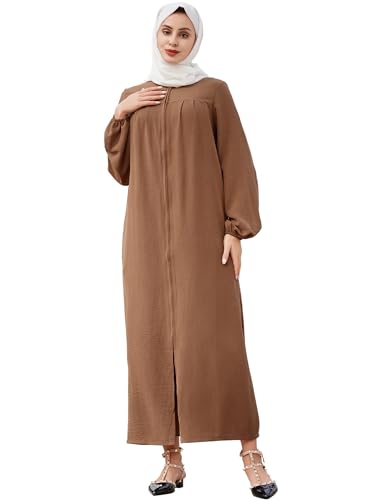 Muslim Dresses for Women One-Piece Long Sleeve Stand Collar Zip Up Islamic Prayer Dress Abaya Kaftan Dubai Dress - color: Brown, size: X-Large