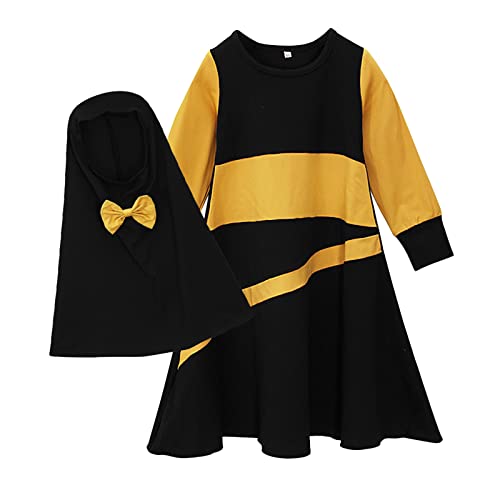 Toddler Girls Muslim Dress Islamic Prayer Abaya with Bow Hijab 2PC Set Modest Clothes Baby Arabic Long Skirt Eid Maxi Dress - color: B-black, size: 6-12 Months