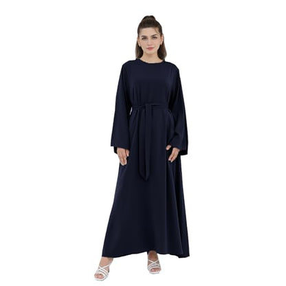 Women Abaya Dress with Belt Muslim Bell Sleeve Robe Islamic Prayer Jilbab | with Belt, A-line Skirt, Bell Sleeve - color: Dark Blue, size: Medium