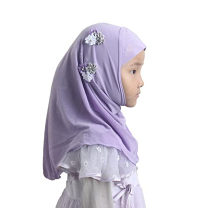 Instant Hijab for Kids Girls Hijabs Muslim Islamic Head Scarf with Rhinestone and Flowers - color: Lavender