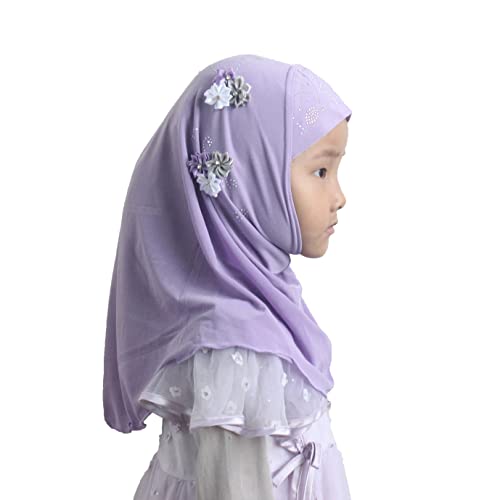 Instant Hijab for Kids Girls Hijabs Muslim Islamic Head Scarf with Rhinestone and Flowers - color: Lavender