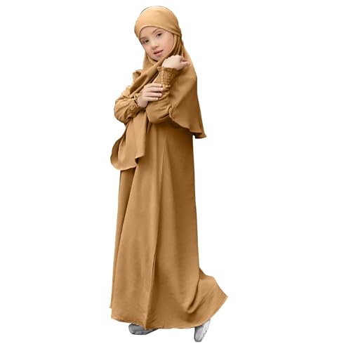 Girls Muslim Abaya Islamic Long Sleeve Prayer Dress with Hijab Teens Solid Ruffle Dubai Kaftan Ramadan Middle East Outfits - color: Khaki, size: 7-8 Years