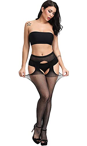 E-Laurels Womens High Waist Patterned Fishnet Tights Suspenders Pantyhose Thigh High Stockings Black - color: Black A6