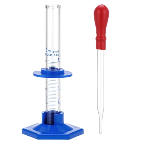 QWORK Thick Glass Graduated Cylinder 5ml Measuring Cylinder, with Plastic Base and Bumper Guards 3.3 Borosilicate Glass Lab Cylinder for Liquid Measurement with Glass Dropper