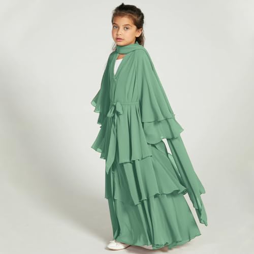 Chiffon layered Open Abaya Dubai Kaftan Muslim Cardigan Abayas Dresses For Girls Casual Robe Kimono Islam Clothing - color: Mint Green, size: 9-10 Years