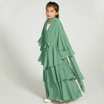 Chiffon layered Open Abaya Dubai Kaftan Muslim Cardigan Abayas Dresses For Girls Casual Robe Kimono Islam Clothing - color: Mint Green, size: 9-10 Years