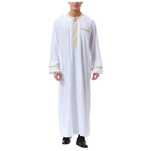 Jubba for Men Embroidered Stand Collar Long Sleeve Muslim Thobe with Pockets Loose Breathable Lightweight Tunic Gown - color: 04#_white, size: 3X-Large