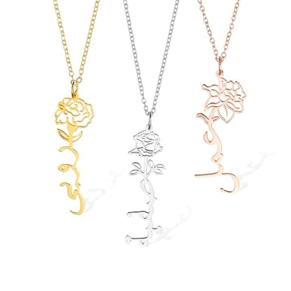 Personalized Birth Flower Arabic Name Necklace Islamic Gift for Her Custom Arabic Necklace for Women Arabic Font Necklaces Arabic Gift Gold Arabic Alphabet Muslim Name Necklace Minimalist Necklace - style: Vertical