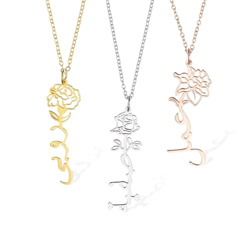 Personalized Birth Flower Arabic Name Necklace Islamic Gift for Her Custom Arabic Necklace for Women Arabic Font Necklaces Arabic Gift Gold Arabic Alphabet Muslim Name Necklace Minimalist Necklace - style: Vertical