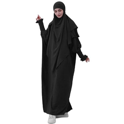 khalat Womens Muslim Prayer Dress Front Zipper Kaftan Islamic Robe Modest Solid Abayas for Women Muslim - color: Black+hijab