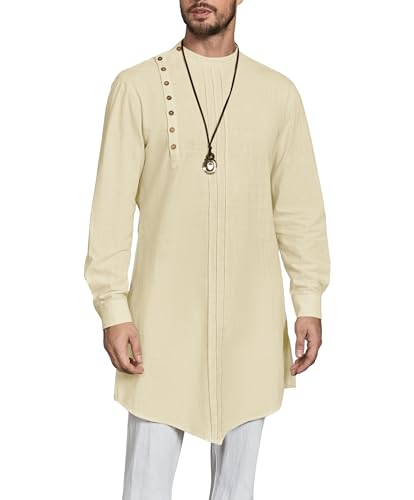 Gafeng Mens Kaftan Thobe Long Sleeve Robe Gown Casual Cotton Linen Button Muslim Shirt - color: Beige, size: Medium