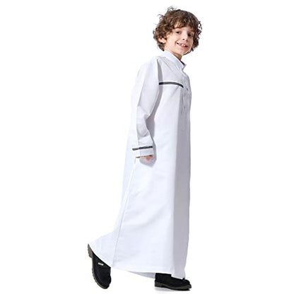 IDOPIP Kids Boys Muslim Thobe Islamic Arabic Kaftan Robe Loose Middle East Prayer Thobes Dress Modest Clothes with Pockets - color: White, size: 5-6 Years