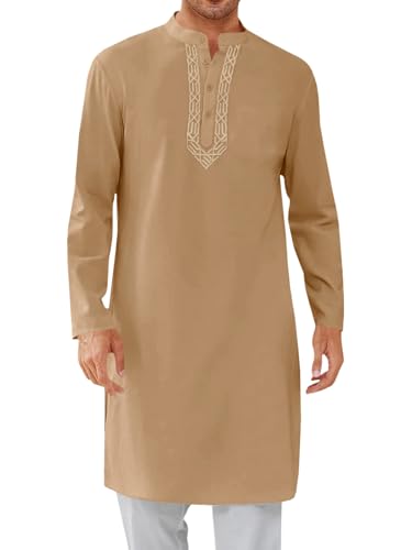 Runcati Mens Kaftan Thobe Button Down Casual Henley Shirts Long Sleeve Robe Cotton Linen Muslim Gown Shirt - color: Khaki, size: Medium