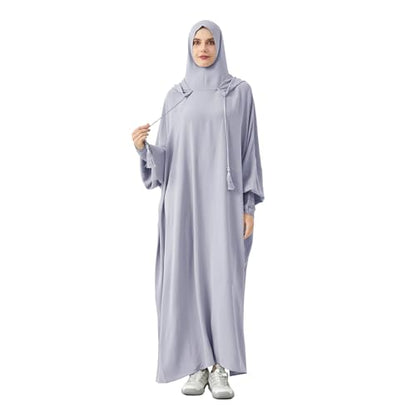 Abaya Muslim Dress Women Prayer Dress Long Sleeve Hooded Loose Maxi Dress Arabian Dubai Islamic Clothes - color: Gray