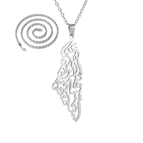 Palestine Map Pendant Necklace, Stainless Steel Chain, Silver Tone