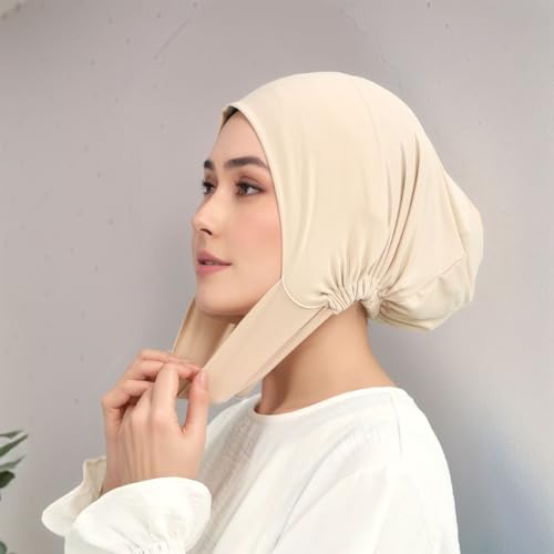 Hijab Beanies Cap Undercaps Slouchy with Elasti Non-Slip Caps Under Scarf for Women - color: White + Light Khaki