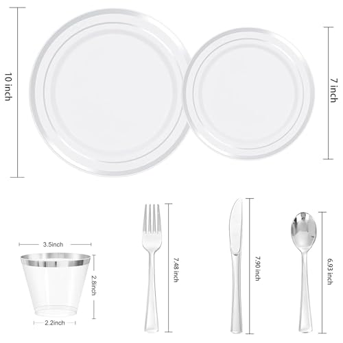 Elama 150 Piece Disposable Plastic Dinnerware Party Set for 25 Guests in White with Silver Trim - color: Silver