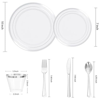 Elama 150 Piece Disposable Plastic Dinnerware Party Set for 25 Guests in White with Silver Trim - color: Silver