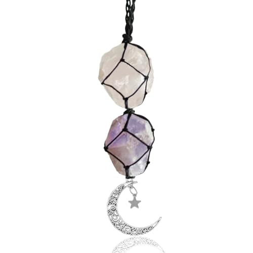 Hanging Car Charm, Crystal Car Hanging Ornament, Car Interior Rear View Mirror Charm, Dangling Moon & Healing Crystal Accessories, Handmade Car Rearview Mirror Decorations (Rose Quartz-amethyst) - color: Rose Quartz-amethyst