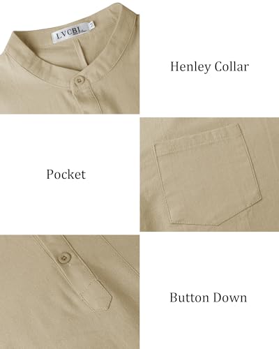 LVCBL Men's Kaftan Robe Long Sleeve Linen Thob Side Split Button Down Thobe Long Tunic Shirts - color: Khaki