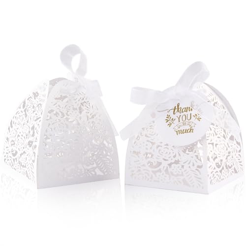 50Pcs Small Gift Boxes for Party Favors,Laser Cut Candy Boxes Wedding Favor - color: White
