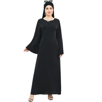 khalat Muslim Abaya Dress Women Solid Color Modest Prayer Robe Islamic Dubai Long Sleeve Lightweight Maxi Dress - color: Black, size: X-Large