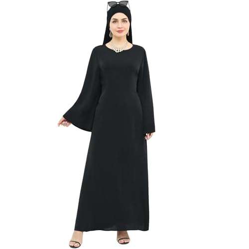 khalat Muslim Abaya Dress Women Solid Color Modest Prayer Robe Islamic Dubai Long Sleeve Lightweight Maxi Dress - color: Black, size: Large
